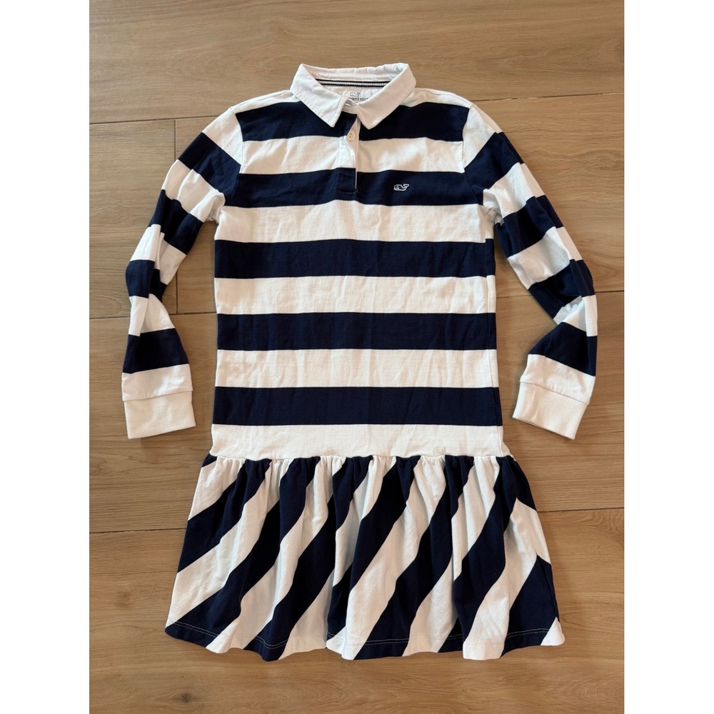 Vineyard Vines Girls Navy White Striped Long Sleeve Polo Dress Size M 12-14